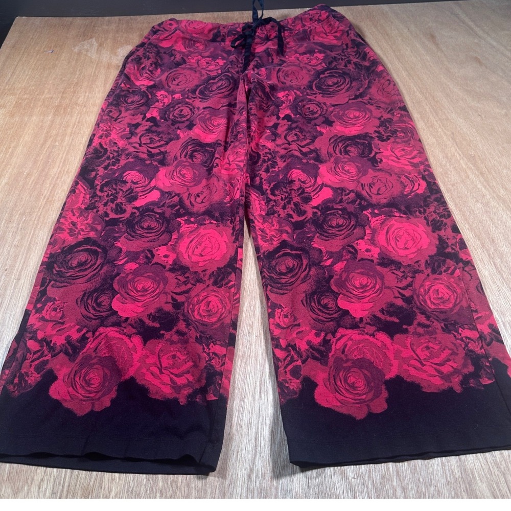 Soma Pajama Pants Women Large Short Red Black Rose Floral Wide Leg Loungewear